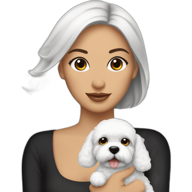 mujer piel blanca cabello negro con chongo y perro bichon maltés blanco emoji