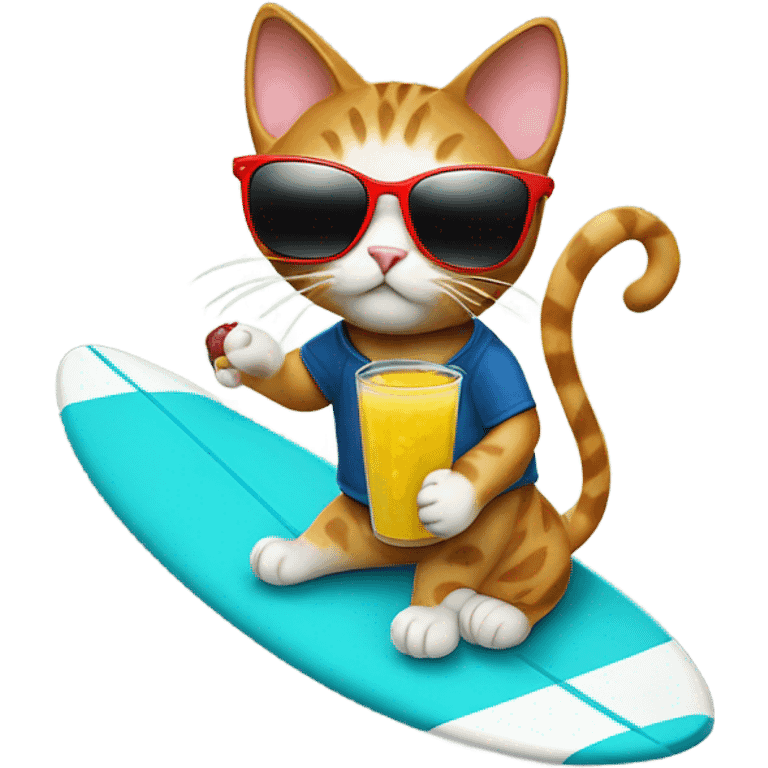 Cat with sunglasses riding a surfboard holding a juice box emoji