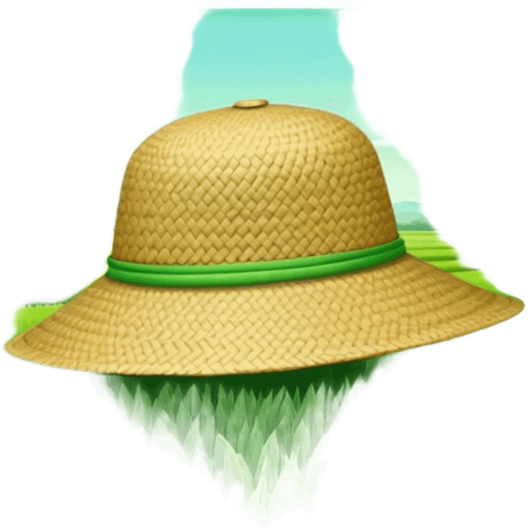 Cinematic Realistic image of a traditional rice farmer's hat, crafted from woven natural fibers with delicate texture details, set against a lush backdrop of vibrant green rice paddies under gentle, early morning light that evokes rural tradition. emoji