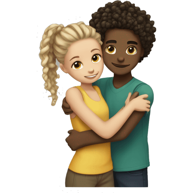 a boy light skinned boy with dreadlocks hugging a light skinned girl  with a curly ponytail emoji