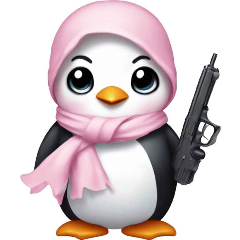 cute penguin wearing light pink bow scarf not on head and holding light pink gun  emoji