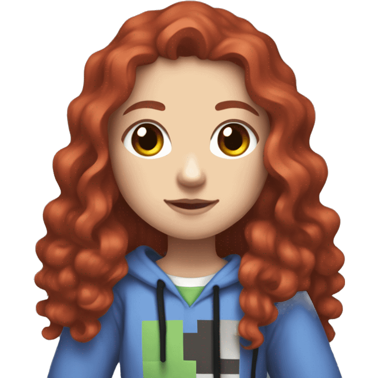 a white girl with long red curly hair, wearing periwinkle Minecraft hoodie holding a controller emoji