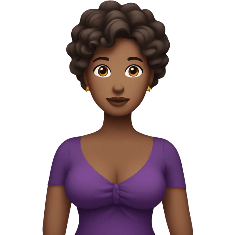 curvy woman holding chest, dark brown hair, purple dress, and a star on her face emoji