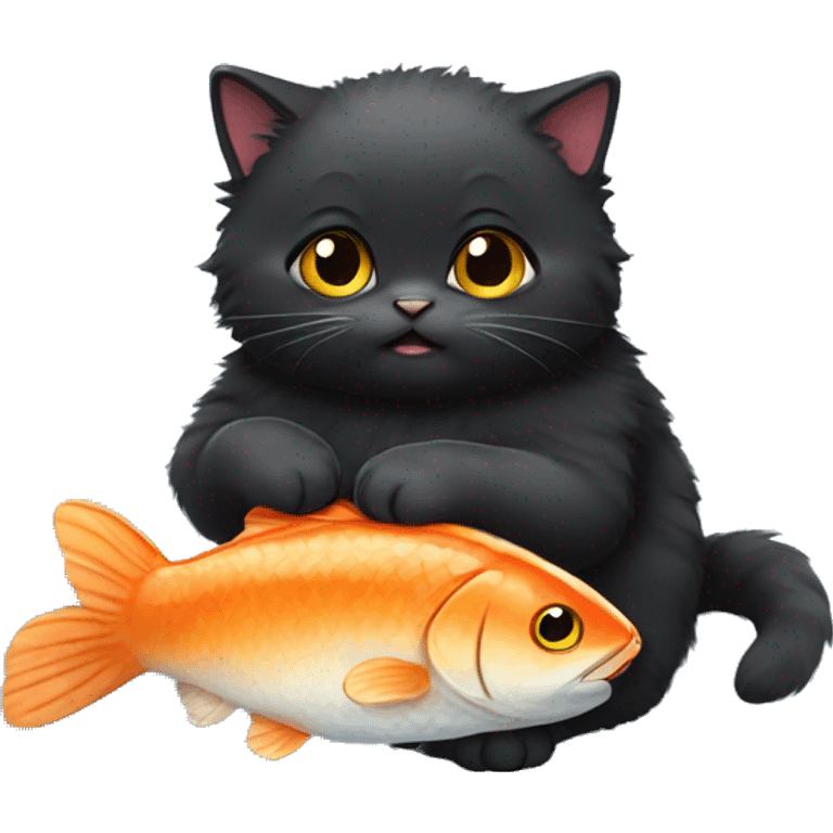 fluffy fat black kitten eating fish emoji