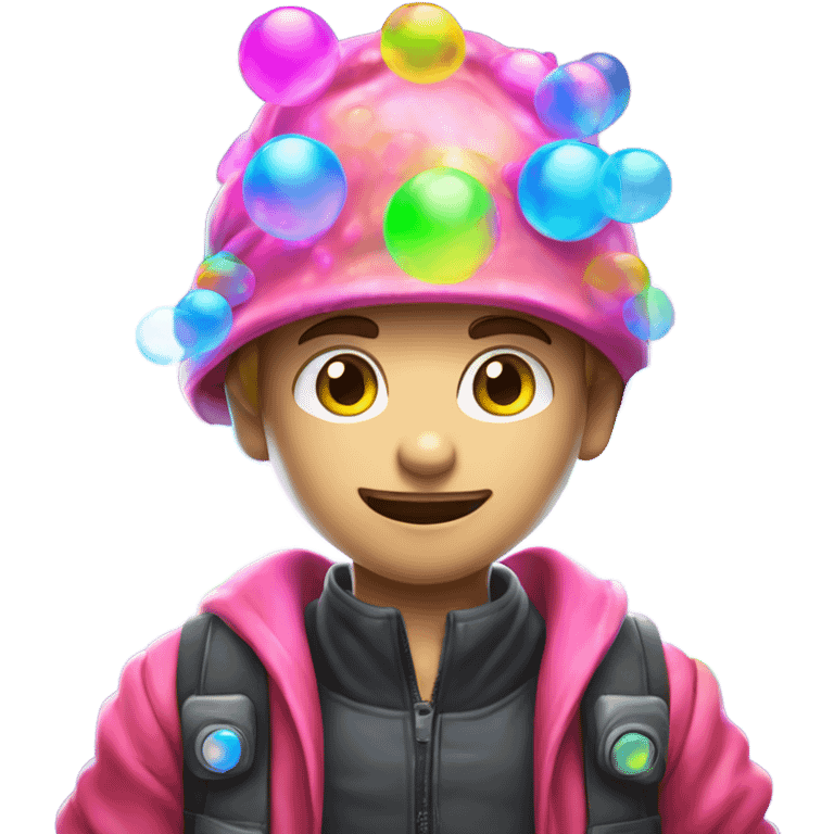 Caucasian boy at rave wearing a glowing outfit and glowing hat with bubble guns in each hand with bubbles all around emoji