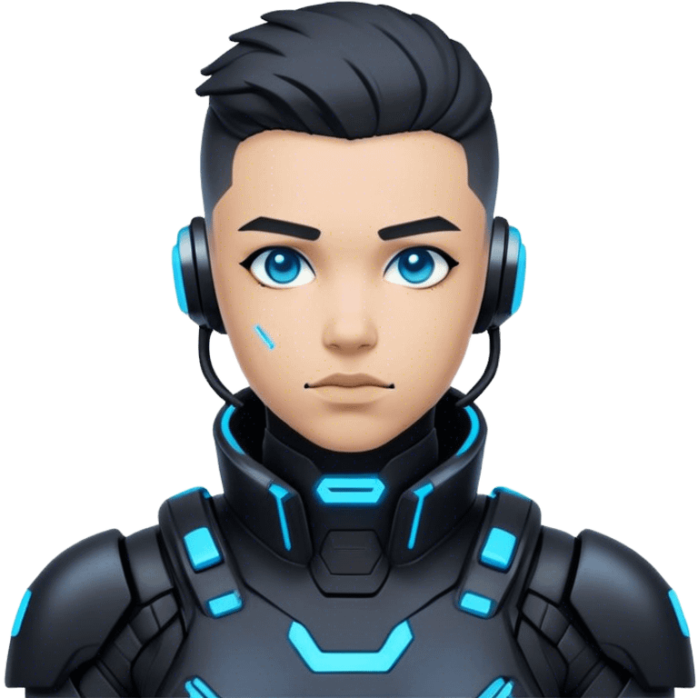 A futuristic cyberpunk soldier, black exosuit, neon blue accents emoji