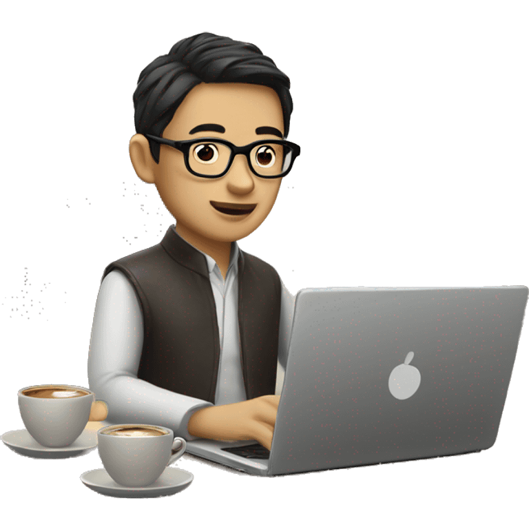 a asian human wear glasses is working on a laptop with a cup of coffee emoji