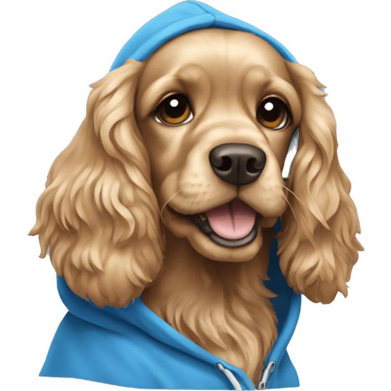 Light cocker spaniel wearing a blue hoodie  emoji