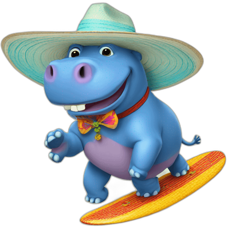 Blue hippo with a sombrero surfing emoji