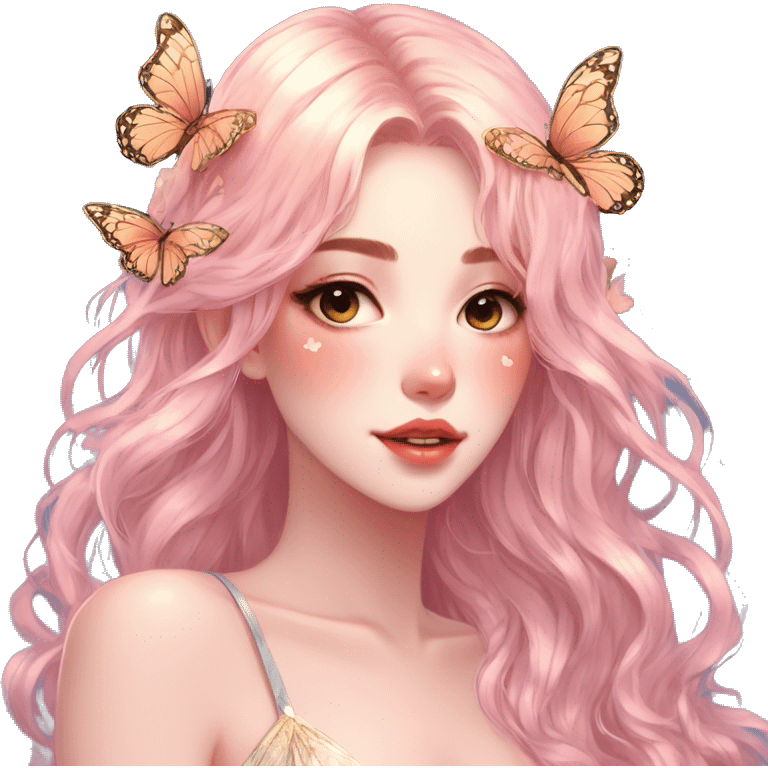 gorgeous shiny blushing anime lady with butterflies and beautiful hair fairycore high quality detailed vogue trending aesthetic emoji