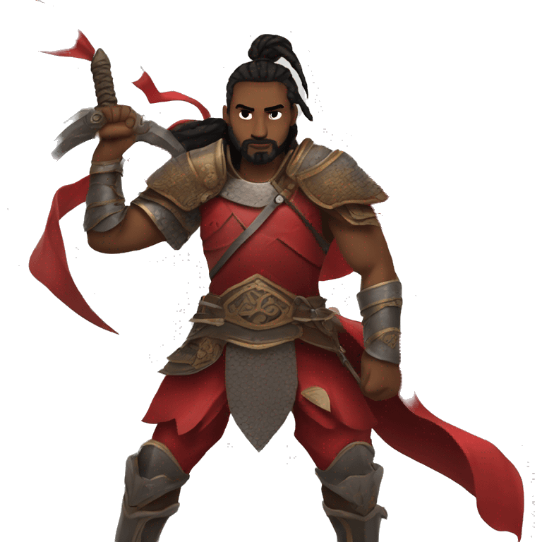 Fierce warlord in red armor and a reaper sword, hair in man bun emoji