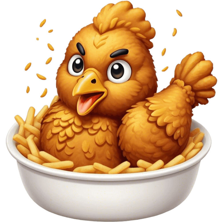 Cinematic crispy fried chicken, golden and crunchy, juicy inside, steaming as it is freshly served, sprinkled with seasoning, rich golden tones, inviting and delicious. emoji