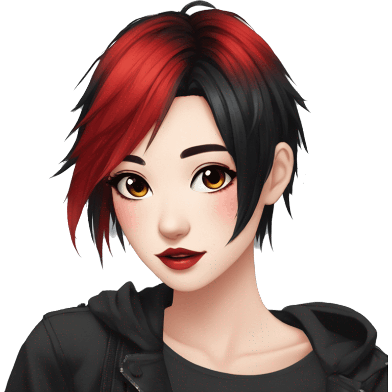 Gorgeous anime style lady with blushing face aesthetic and pretty edgy black red punk hair with hair garment trending style emoji