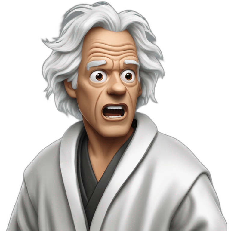 Doc brown from back to the future looking shocked and his mouth wide open. No eye-ware. Wearing a silver bathrobe with black trim. emoji