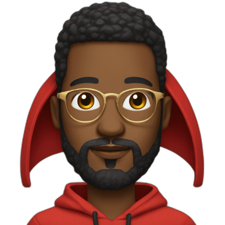 black man with beard, red hoodie on head, and gold framed glasses emoji