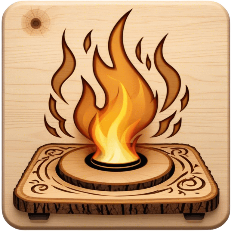 Pyrography icon, wooden board with intricate burn marks, pyrography wood burner in use, detailed patterns burned into the wood, minimalistic style, clean lines, transparent background. emoji