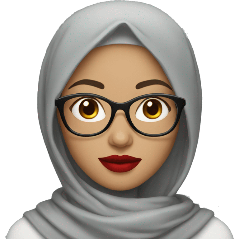 light skin woman with gray hijab wearing glasses and red lipstick emoji