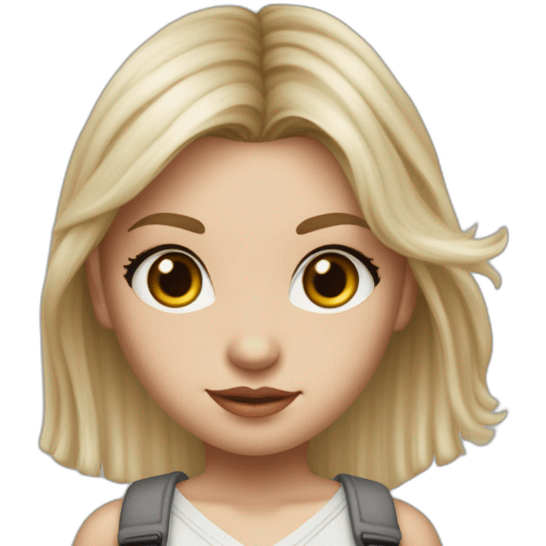 hyperrealist caucasian girl, long straight blonde hair, white v-neck laced crop top, grey mini pencil skirt emoji