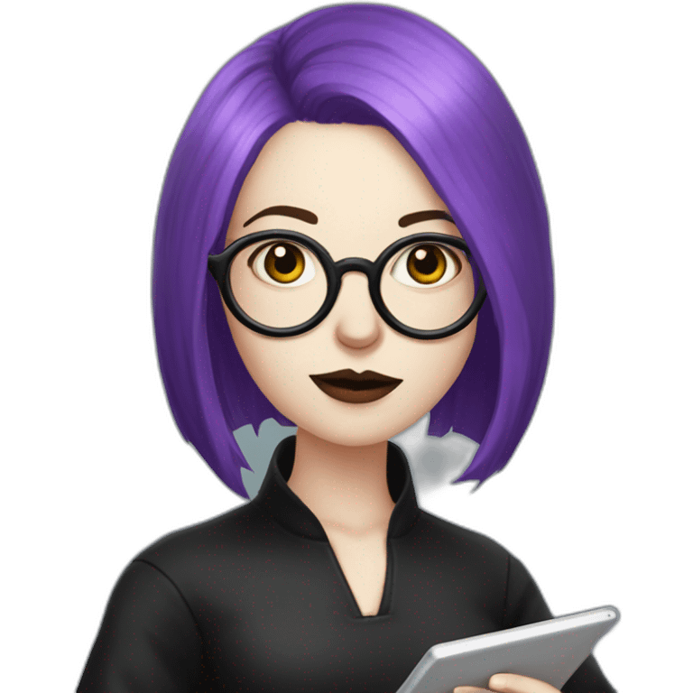 goth woman with long side parted purple hair and oval glasses, pale skin, taking notes on a tablet emoji