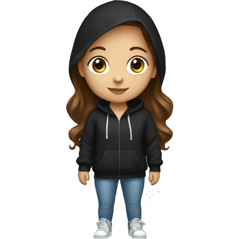 young girl, brown hair, black hoodie emoji