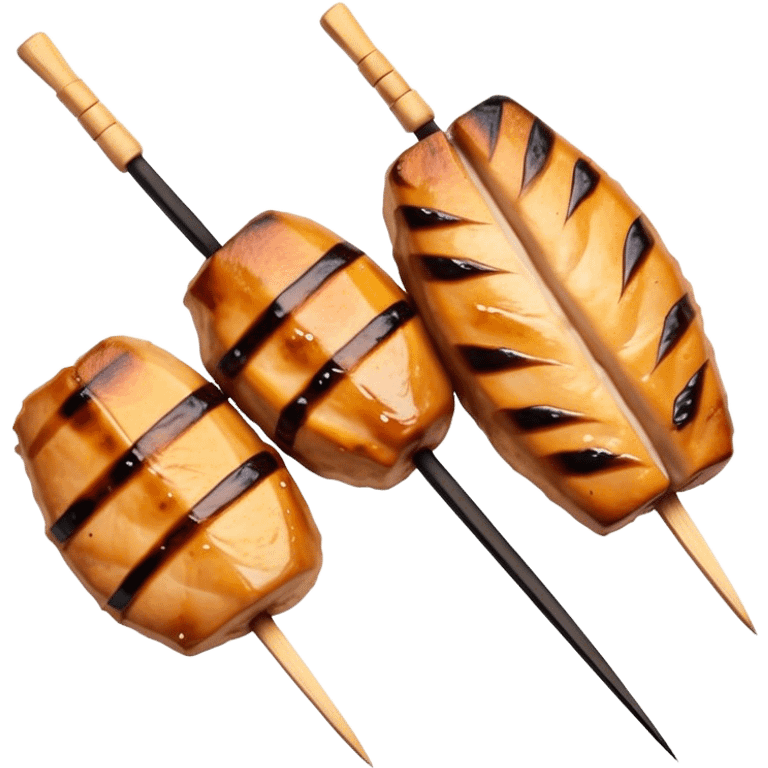 Cinematic Realistic Yakitori Dish Emoji, depicted as skewered, grilled chicken pieces with a charred finish rendered with crisp textures and appetizing, natural lighting. emoji