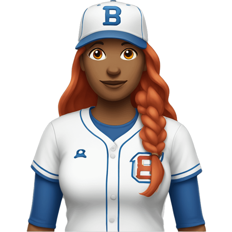 front facing, standing female coach with long red hair, wearing a white t-shirt and a simple blue baseball hat emoji