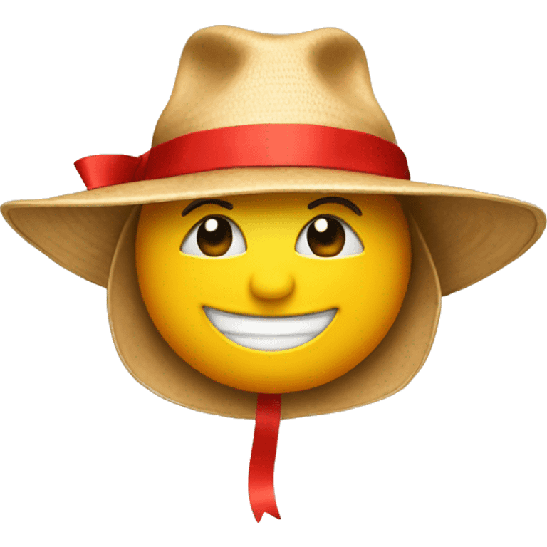 Smile emoji wearing a tan sun hat with red ribbon emoji