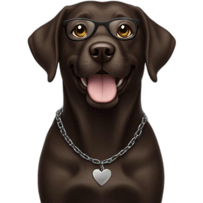 dark brown labrador, smiling, with glasses, and a chain saying "Sam" emoji