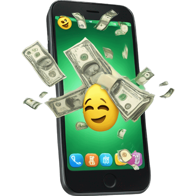 phone with cash bursting out of the screen, screen filled with cash emoji