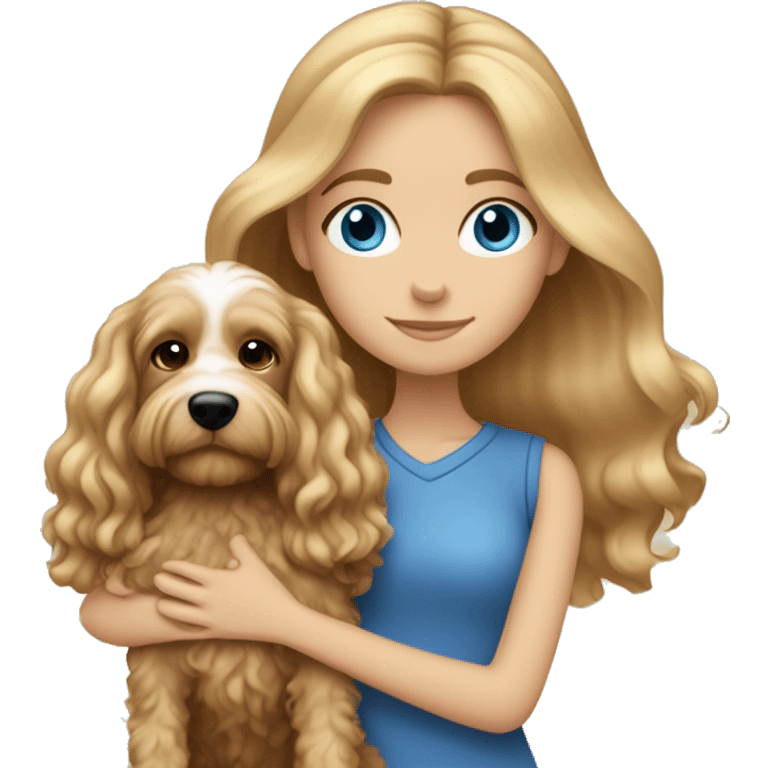 White dark blond girl with long hair and blue eyes hugging a cavapoo dog emoji