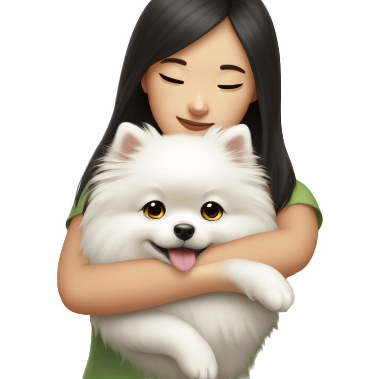 Chinese girl hug white Pomeranian emoji