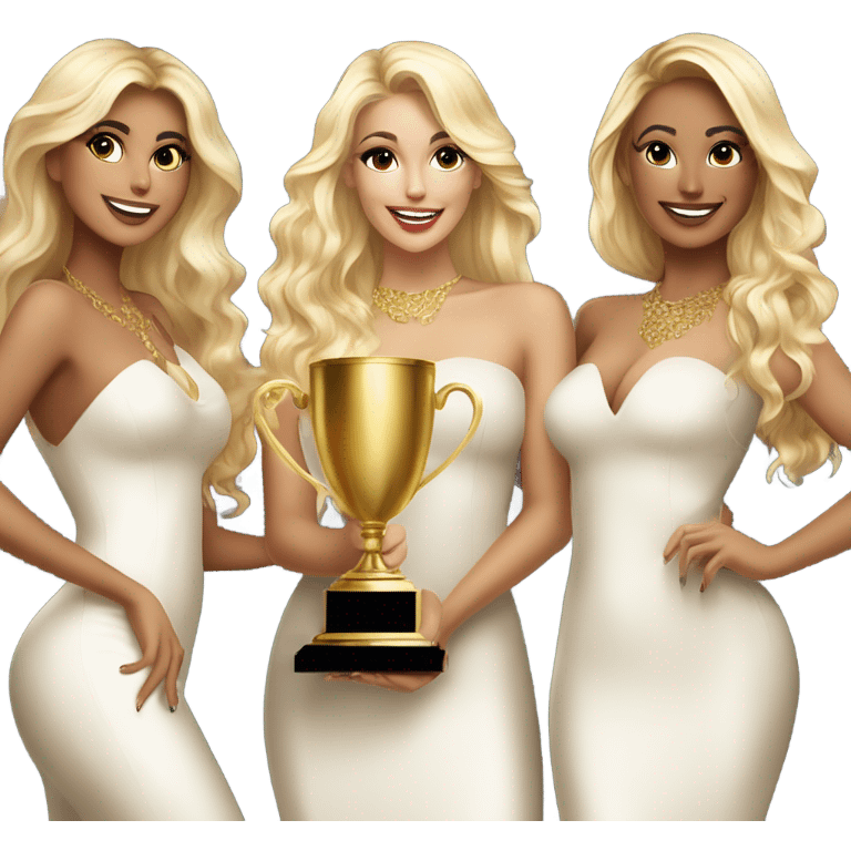 Seven beautiful and stylish blonde and Latina models celebrating with 1 huge gold trophy emoji