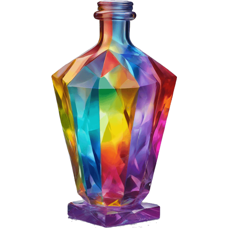 symbolic all-energies in a bottle sculpture symbolizing chromatic light with a geometric, faceted design. The bottle is standing upright with angular and baroque features. The vibrant rainbow of colors highlights the sharp edges and planes.  emoji