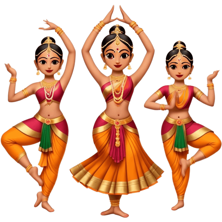 Cinematic Realistic Bharatanatyam Dance Emoji, depicted as an elegant classical Indian dance performance with graceful poses, intricate costumes, and expressive hand gestures, rendered with rich textures and warm dramatic lighting that captures its timeless beauty. emoji