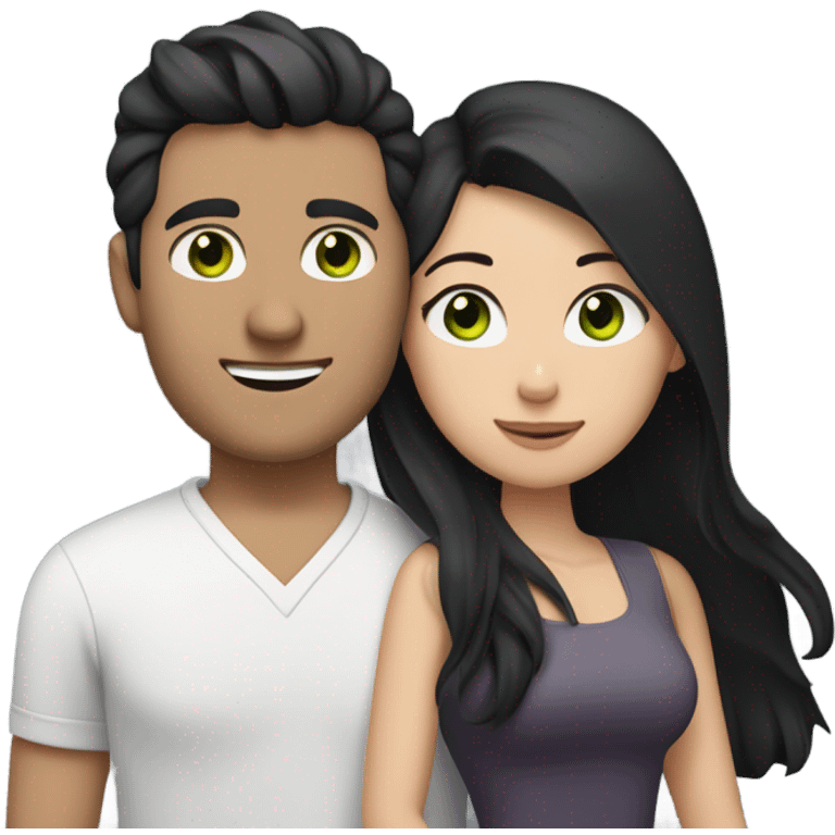 White Vietnamese man with straight black undercut hair and a white brunette woman with green eyes and long wavy hair tightly hugging each other  emoji