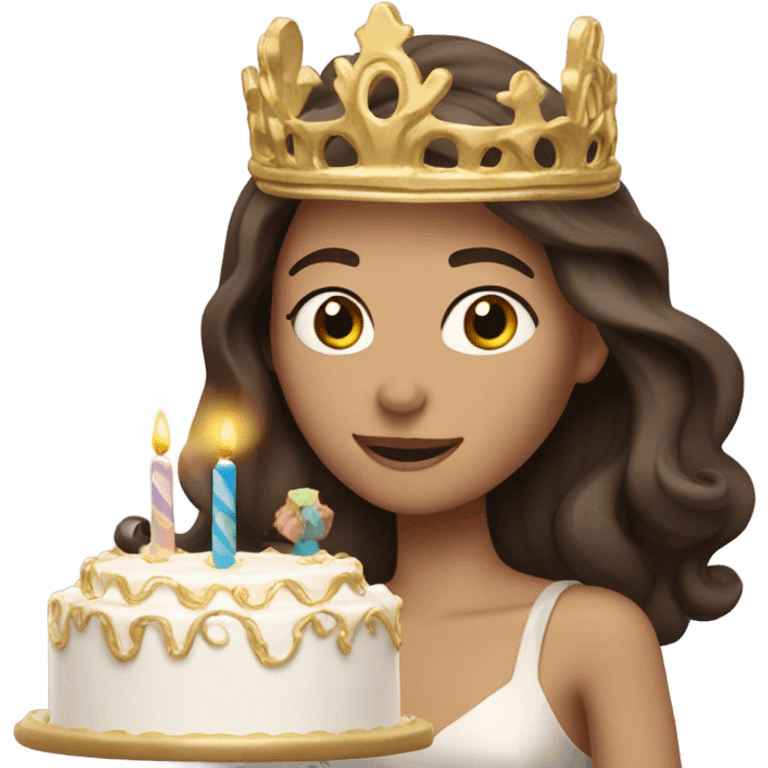 Long dark brow haired Caucasian with birthday cake and a gold tiara emoji