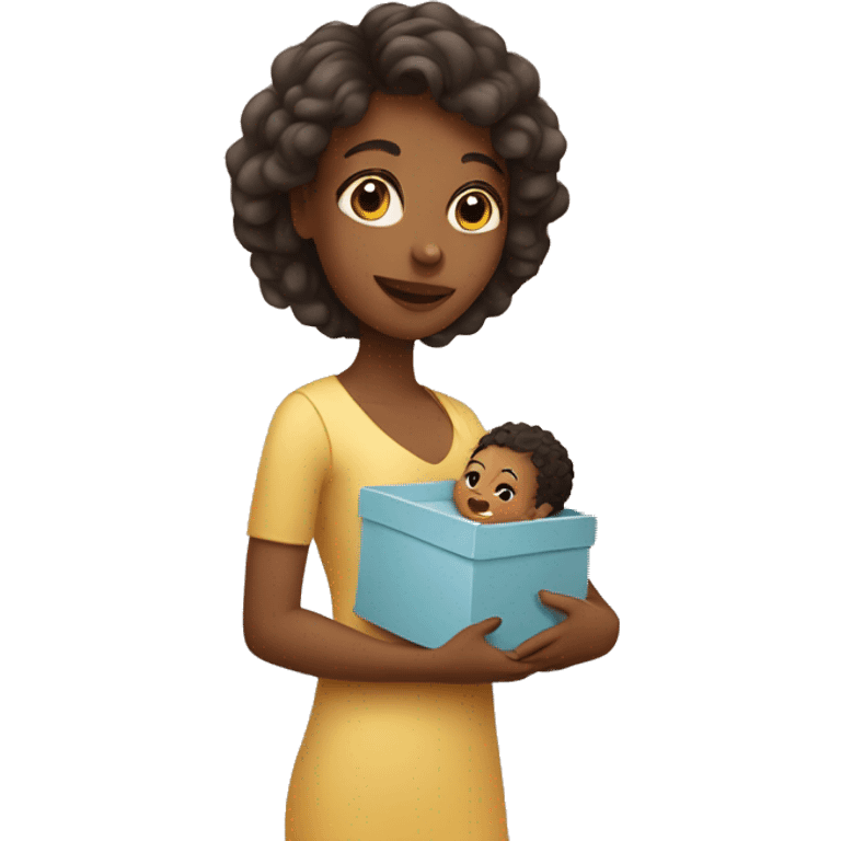 a young woman who holding baby and small box emoji