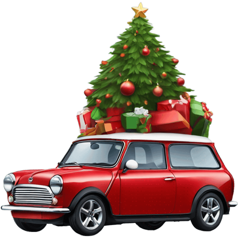 Red Mini Cooper Clubman with red roof decorated for Christmas emoji