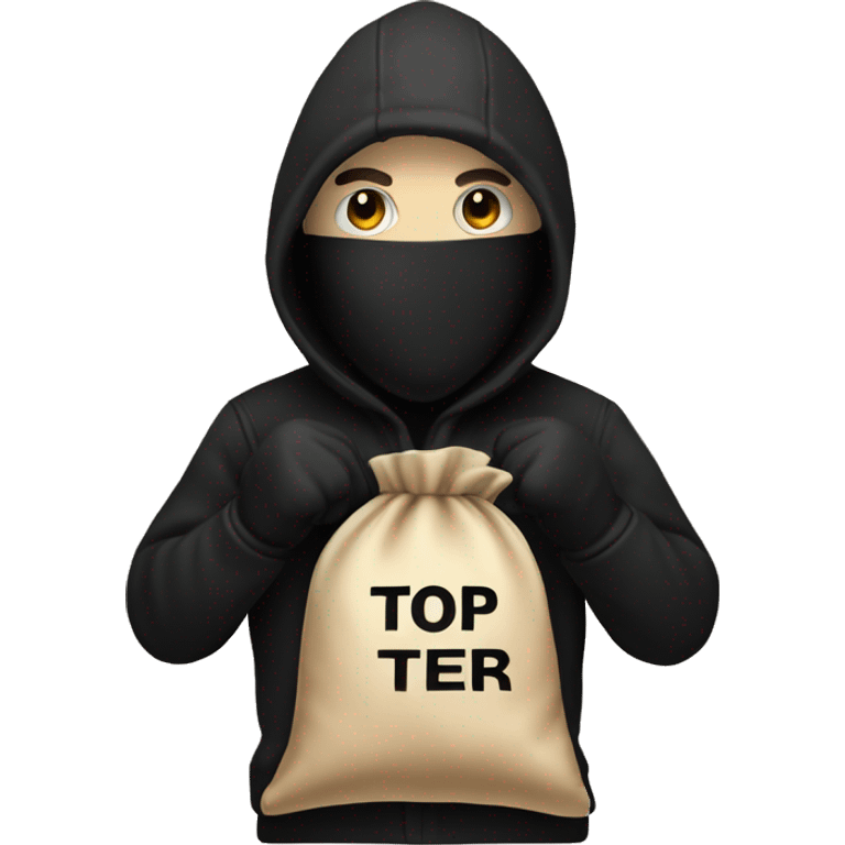 Thief wearing all black clothes actively stealing a beige money bag with the words Top Tier embroidered on it emoji