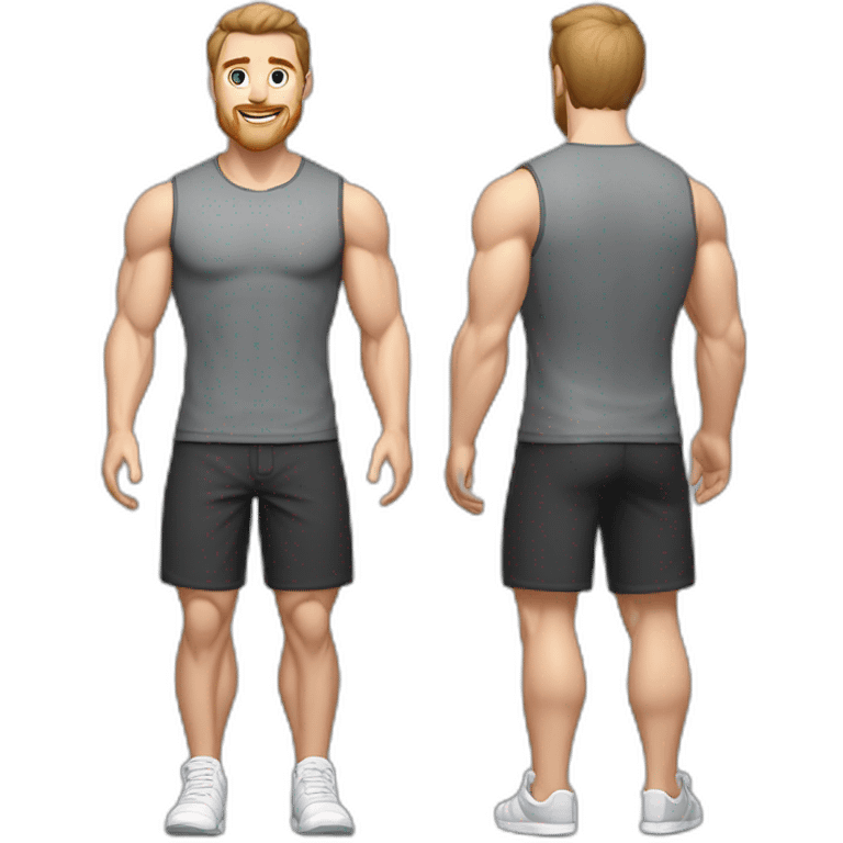 Full height Pale skinned muscular man With Realistic eyes and mouth, light brown hair and stubble In dark gray sleeveless mike, black oversize sports shorts, watch and white sneakers. emoji