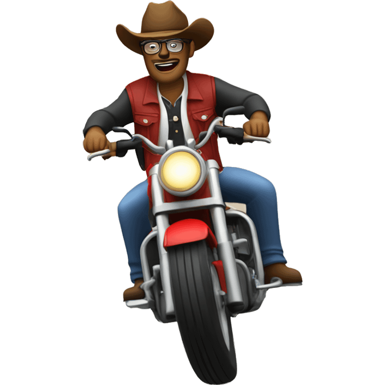 Cowboy using round glasses riding a red trail motorcycle emoji