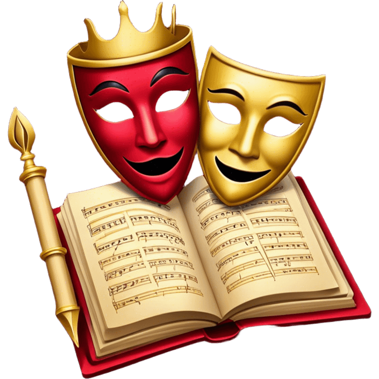 Create a bold and dramatic emoji representing the art of playwriting. The design should feature an open script or a theater playbook, with stylized text inside. Include elements like a theatrical comedy and tragedy masks, a stage spotlight, or a writting quill to symbolize creativity and performance. Use deep, contrasting colors like red, black, and gold to evoke the intensity and passion of drama. The overall design should feel dramatic, inspiring, and artistic. Make the background transparent. emoji