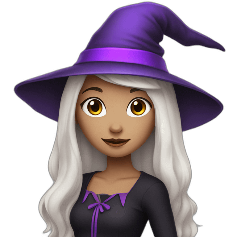 a young white brown thin girl with straight black hair dressed as a witch with purple hat emoji