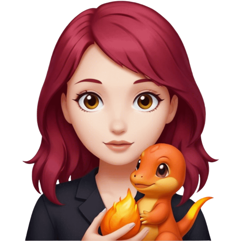 Beautiful burgundy haired girl holding charmander emoji