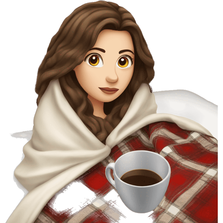 brunette white girl under plaided blanket with coffee cup emoji