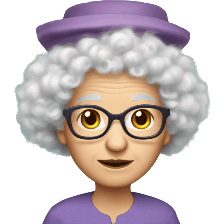 Small Caucasian elder woman with glasses- lavender fluffy hair- big red truffle hat- green dress- small mosquito wings on back emoji