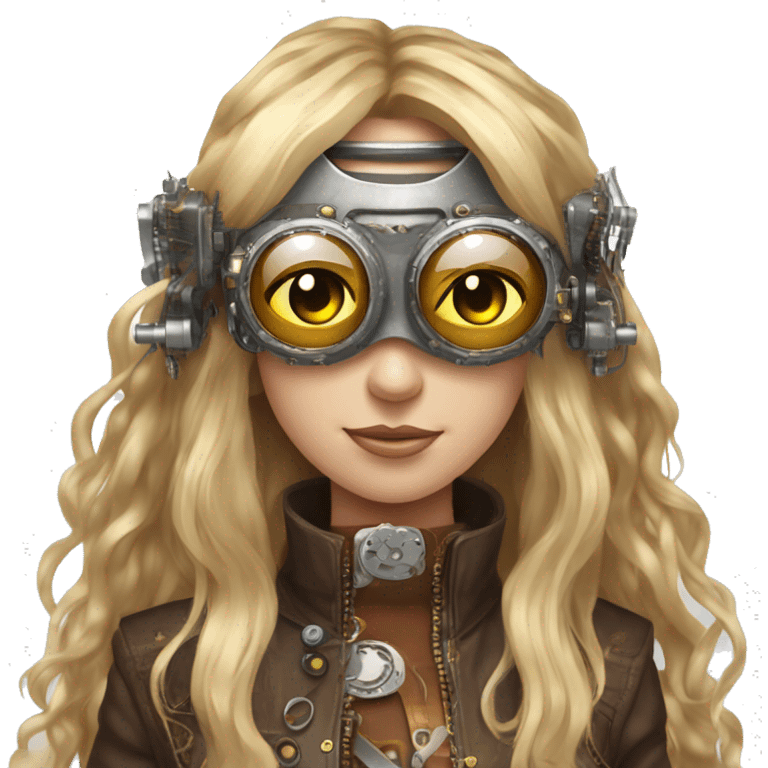 Brown long hair with blonde steaks female cyborg head, fair skin, steampunk goggles and circuits emoji