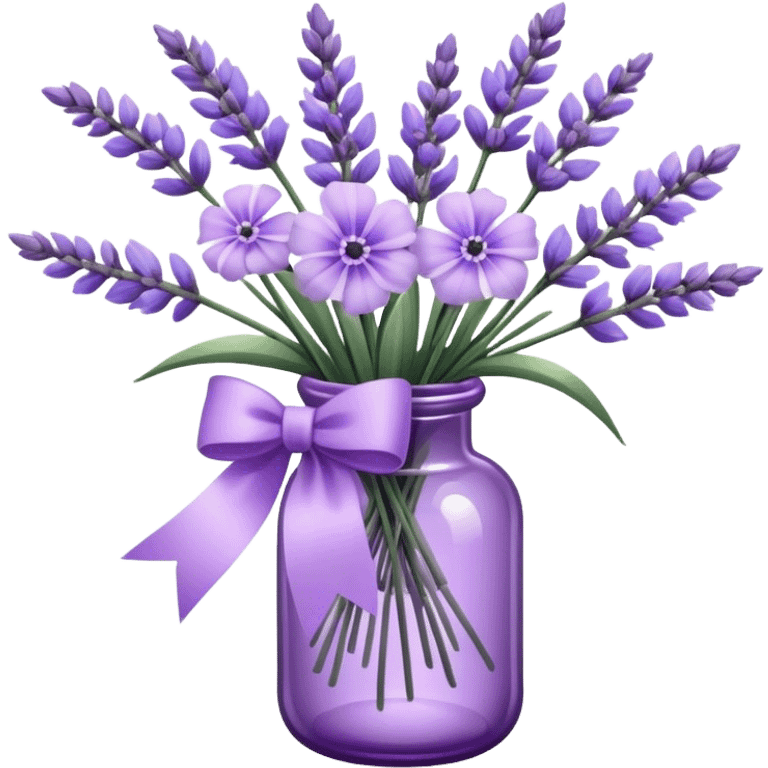 aesthetic bow in light purple , purple glass bottle and in it a beautiful bouquet of lavender emoji