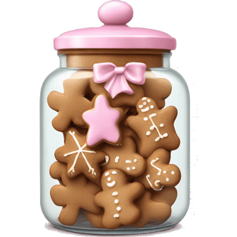 Realistic glass cookie jar with light pink lid full of gingerbread cookies isolated.  emoji