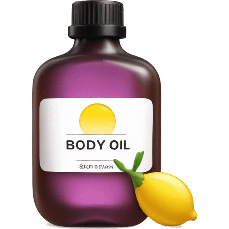 bottle of body oil with label emoji